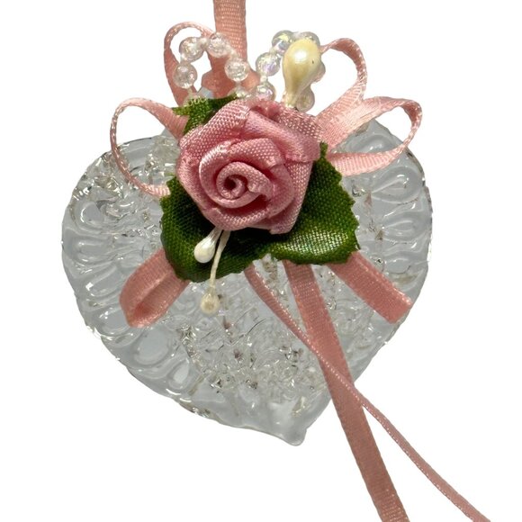 Handmade Heart Ornaments With Pink Ribbons Rose Accents Acrylic - Picture 5 of 5